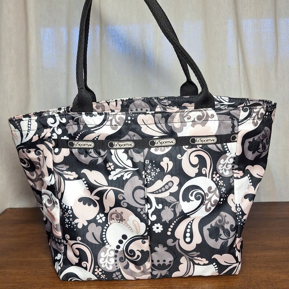 LeSportsac Everygirl small tote bag black & white paisley floral pattern nylon